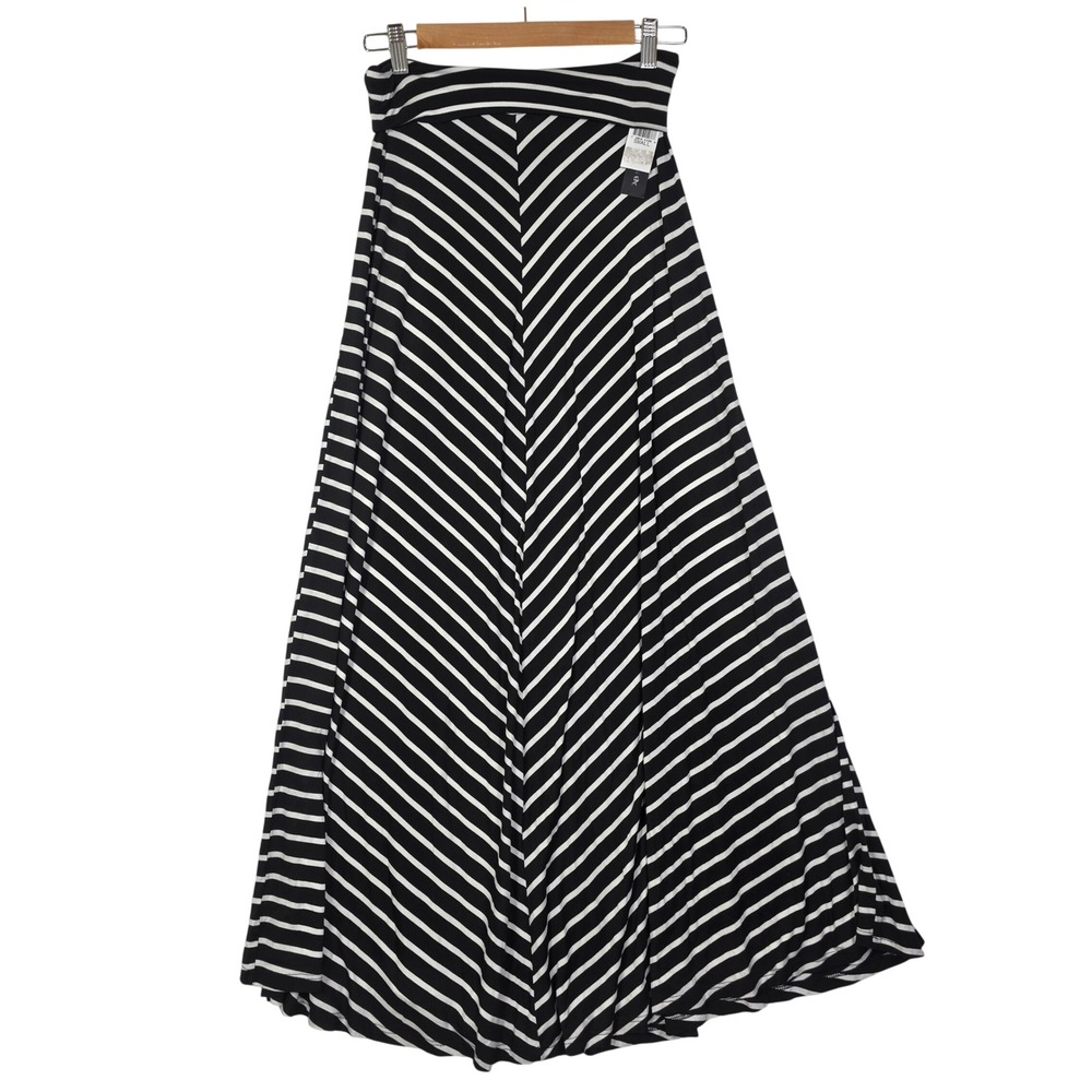 AB Studio Womens Maxi Skirt Small Black White Chevron Stripe Stretch Casual New